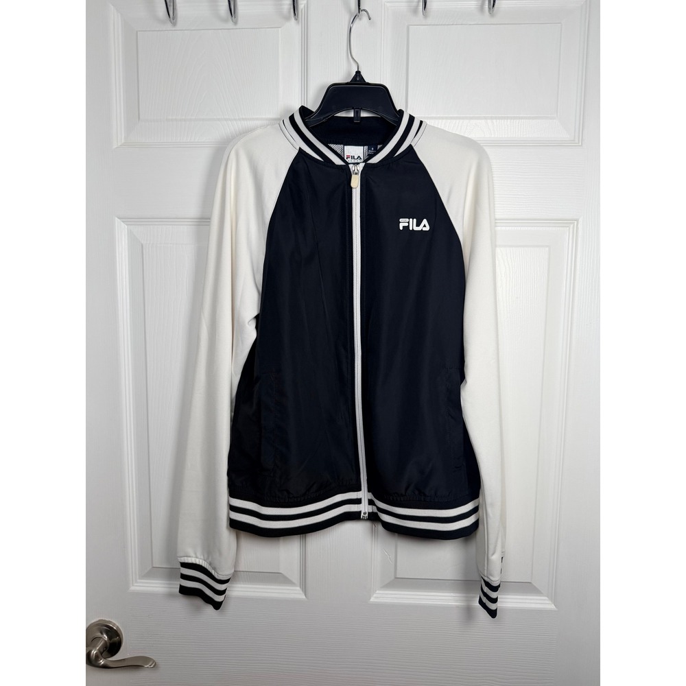 Fila Sport Womens Black White Full Zip Track Jacket Varsity Bomber Size S